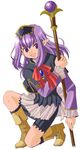  boots brooch elf elvaan final_fantasy final_fantasy_xi holding holding_staff jewelry long_hair long_sleeves one_knee pink_eyes pointy_ears prishe purple_hair solo staff 