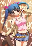  belt blue_hair boots bra_strap camisole copyright_request denim denim_shorts fumio_(ura_fmo) jacket long_hair long_sleeves midriff red_eyes shorts solo tank_top twintails 
