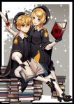  1boy 1girl :d bangs black_capelet black_footwear black_gloves black_hat black_pants black_skirt blonde_hair blue_eyes book brother_and_sister capelet girl_on_top gloves hair_between_eyes hair_ornament hairclip hat holding holding_feather kagamine_len kagamine_rin looking_at_viewer military military_uniform miniskirt necktie open_book open_mouth pants parted_bangs short_hair siblings sitting sitting_on_person skirt smile suzunosuke_(sagula) thigh_strap uniform vocaloid white_legwear yellow_neckwear 