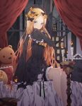  1girl abigail_williams_(fate/grand_order) bangs bed_sheet black_bow black_dress black_hat blonde_hair blue_eyes bow candle dress fate/grand_order fate_(series) frilled_sleeves frills hair_bow hat highres indoors kim_jin_(tmxhfl4490) long_hair looking_at_viewer orange_bow parted_bangs short_dress short_shorts shorts shorts_under_dress sitting sleeves_past_wrists solo stuffed_animal stuffed_toy teddy_bear very_long_hair white_shorts 