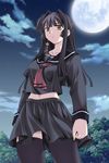  bangs belly_peek black_hair black_legwear black_serafuku black_skirt blunt_bangs breasts clenched_hand cloud cowboy_shot frown full_moon game_cg hair_intakes hair_ornament jewelry kim_kwang_hyun kisetsu_no_hanayome long_hair long_sleeves looking_afar medium_breasts midriff moon navel neckerchief night night_sky outdoors pleated_skirt school_uniform serafuku shirt sidelocks skirt sky sleeve_cuffs solo standing star_(sky) thighhighs tree yamagami_reika yellow_eyes zettai_ryouiki 