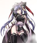  black_legwear breasts hat japanese_clothes loincloth long_hair long_sleeves matsukura_nemu medium_breasts panties pantyshot pantyshot_(standing) purple_eyes purple_hair sangokushi_taisen solo standing sword thighhighs touhaku twintails underwear very_long_hair weapon white_panties 