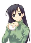  black_eyes black_hair coffee copyright_request cup long_sleeves murakami_suigun solo sweater turtleneck 