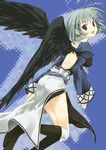  black_wings blue_eyes boots grey_hair kamyu long_sleeves mizuki_makoto short_hair solo utawareru_mono wings 