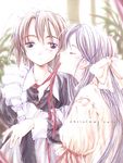  blue_eyes bow brown_hair copyright_request hair_bow long_hair long_sleeves maid mouth_hold multiple_girls purple_hair ribbon ribbon_in_mouth takano_otohiko 
