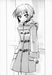  bangs coat eyebrows_visible_through_hair greyscale highres itou_noiji long_sleeves looking_at_viewer monochrome nagato_yuki novel_illustration official_art short_hair solo suzumiya_haruhi_no_yuuutsu winter_clothes winter_coat 