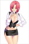  breasts cleavage croupier inkey large_breasts long_sleeves miniskirt one_eye_closed pencil_skirt pink_hair rio_rollins short_hair skirt solo super_blackjack 