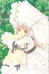  artbook bangs blonde_hair bow chii chobits clamp dress frilled_dress frilled_legwear frilled_sleeves frilled_umbrella frills highres knees_up layered_dress long_hair long_sleeves looking_at_viewer parasol ribbon scan scan_artifacts sitting smile socks solo tree umbrella white_dress white_legwear yellow_eyes 