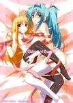  aqua_eyes aqua_hair blonde_hair blush facial_mark fate_testarossa forehead_mark ibuki_pon lindy_harlaown long_hair lyrical_nanoha mahou_shoujo_lyrical_nanoha mahou_shoujo_lyrical_nanoha_a's multiple_girls naked_ribbon red_eyes ribbon thighhighs valentine yuri 