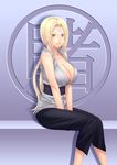  between_legs blonde_hair breasts cleavage facial_mark forehead_mark hand_between_legs huge_breasts long_hair naruto naruto_(series) sitting solo tsunade yuzuriha_(active_homing) 