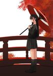  artist_request black_dress black_hair black_legwear bridge copyright_request dress kneehighs long_hair long_sleeves oriental_umbrella red_umbrella school_uniform shoes skirt socks solo umbrella 