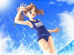  beach day game_cg himitsu_no_koi lens_flare name_tag one-piece_swimsuit outdoors satei_an school_swimsuit solo swimsuit twintails water 