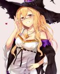  1girl adjusting_eyewear black-framed_eyewear black_hat black_ribbon blonde_hair breasts cleavage collarbone dorothy_(shingeki_no_bahamut) floating_hair glasses grey_background grin hair_between_eyes hand_on_hip hat head_tilt highres jewelry long_hair looking_at_viewer medium_breasts necklace off-shoulder_shirt off_shoulder red_eyes rei_no_himo ribbon semi-rimless_eyewear shingeki_no_bahamut shiny shiny_hair shirt simple_background smile solo standing under-rim_eyewear upper_body white_shirt witch_hat yamato_(muchuu_paradigm) 