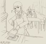  &gt;_&lt; ahoge apron artist_request braid chopsticks closed_eyes collared_shirt cooking curtains cutlery drawer elf elvaan emblem final_fantasy final_fantasy_xi fork frying_pan holding indoors knife long_sleeves monochrome multiple_girls music pointy_ears ribbon school_uniform shelf shirt single_braid sitting standing stove table window 