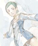  :d artist_request blush buttons cowboy_shot emblem eureka eureka_seven eureka_seven_(series) from_below hair_ornament hairclip jewelry long_sleeves looking_at_viewer looking_down neck_ring open_mouth outstretched_arms purple_eyes short_hair simple_background smile solo standing thighs white_background 