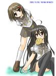  artist_name black_hair bread food melon_bread minazoi_kuina mouth_hold multiple_girls school_uniform shakugan_no_shana shana thighhighs yoshida_kazumi 