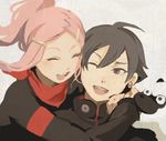  1girl ^_^ anemone_(eureka_seven) arms_around_neck artist_request black_hair closed_eyes dominic_sorel eureka_seven eureka_seven_(series) face gulliver happy hug hug_from_behind long_sleeves lowres one_eye_closed pink_hair short_hair simple_background upper_body 