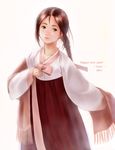  2002 artist_request braid brown_eyes brown_hair dated hanbok korean_clothes long_hair long_sleeves new_year original photorealistic ponytail solo traditional_clothes 
