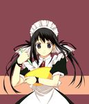  apron bangs black_hair blue_eyes blush character_request cooking copyright_request hair_ribbon holding long_hair looking_down maid maid_headdress mixing_bowl murakami_suigun puffy_short_sleeves puffy_sleeves ribbon short_sleeves sidelocks simple_background solo source_request twintails whisk 