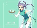  :d aqua_background china_dress chinese_clothes double_bun dress f-ism gloves hand_on_hip holding leaning_forward leg_up looking_at_viewer murakami_suigun open_mouth original smile solo tea thighhighs tray twintails white_gloves white_legwear 
