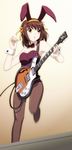  animal_ears brown_hair brown_legwear bunny_ears bunnysuit guitar instrument nagian pantyhose short_hair solo suzumiya_haruhi suzumiya_haruhi_no_yuuutsu 