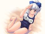  barefoot blue_eyes braid feet fujirin full_metal_panic! hands kneeling long_hair name_tag one-piece_swimsuit salute school_swimsuit silver_hair solo swimsuit teletha_testarossa 