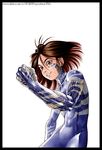  90s abs blue_bodysuit bodysuit brown_eyes brown_hair cyborg earrings facial_mark gally gunnm jewelry kishiro_yukito muscle short_hair smile solo 