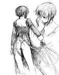  asaga_aoi ass black_keys ciel close-up dress facing_away from_behind greyscale legs long_sleeves monochrome nun panties short_hair simple_background sketch standing sword thong torn_clothes tsukihime turtleneck underwear weapon 