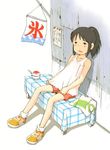  against_wall artist_request bare_shoulders brown_eyes brown_hair collarbone exhausted food ice_cream ogino_chihiro outdoors sen_to_chihiro_no_kamikakushi shoes shorts sign sitting socks solo sundae tank_top white_legwear 