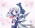  blue_eyes blue_hair bow cirno hair_bow hits ice kukyo looking_back no_nose serious short_hair snowflakes solo touhou wings 