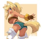  animal_ears artist_request ass beltbra blonde_hair blue_eyes breasts denim denim_shorts extra_ears fang gloves large_breasts liru ponytail renkin_san-kyuu_magical_pokaan shorts solo tail thighhighs underboob wolf_ears wolf_girl wolf_tail 