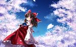  ascot bangs blue_neckwear bow brown_eyes brown_hair cherry_blossoms detached_sleeves duplicate frilled_ascot frilled_bow frilled_hair_tubes frilled_skirt frills from_below hair_bow hair_tubes hakurei_reimu highres large_bow long_hair long_sleeves night outdoors petals red_bow ribbon ribbon-trimmed_skirt ribbon-trimmed_sleeves ribbon_trim sidelocks skirt skirt_set sky smile solo touhou vest wallpaper white_ribbon white_sleeves wide_sleeves widescreen yuuki_tatsuya 