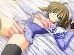  axia bed black_legwear blouse blurry bra brown_hair dress_shirt game_cg green_eyes headdress jpeg_artifacts lingerie lying maid mineruka_roien no_pants on_back open_clothes open_shirt panties red_bra red_panties saitou_natsuki shirt short_hair solo striped striped_bra striped_panties thighhighs underwear 