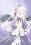  black_dress black_wings detached_collar dress frilled_sleeves frills gem hairband jewelry lolita_hairband long_hair long_sleeves pink_eyes purple_background ring rozen_maiden silver_hair simple_background solo suigintou takano_natsuki upper_body very_long_hair wings 