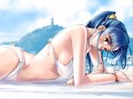  bikini blue_hair breasts brown_eyes chidori_kaname cloud covered_nipples day full_metal_panic! highres large_breasts ponytail sameha_ikuya solo swimsuit third-party_edit wallpaper 