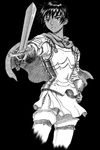  armor artist_request berserk black_hair cape casca dark_skin gloves greyscale lips monochrome short_hair solo sword thighhighs weapon 