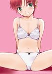  :d arms_behind_back blush bow bow_bra bow_panties bra breasts cleavage green_eyes hair_ribbon hayase_mina kiriyama_taichi lace lace_bra lingerie medium_breasts navel open_mouth panties red_hair ribbon sexfriend sitting smile solo spread_legs underwear underwear_only white_bra white_panties 