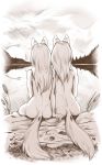  2019 5_fingers anthro canid canine canis crosshatching detailed_background digital_media_(artwork) dragonfu duo female landscape mammal nude scenery sitting sketch sunset wolf 