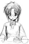  asaga_aoi blush bow bowtie ciel curry flat_chest food glasses greyscale long_sleeves monochrome mouth_hold plate school_uniform short_hair simple_background sitting sketch solo sweater_vest table tsukihime 