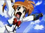  animated animated_gif bow brown_hair fang fingerless_gloves flailing gloves long_sleeves lyrical_nanoha magical_girl mahou_shoujo_lyrical_nanoha mahou_shoujo_lyrical_nanoha_a's planet screencap solo takamachi_nanoha twintails 