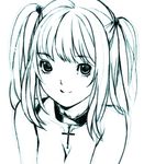  amane_misa aqua bangs bare_shoulders breasts cleavage collarbone cross death_note looking_at_viewer monochrome nekomata_naomi sketch small_breasts solo two_side_up upper_body 