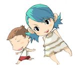  1girl aqua_hair black_eyes brown_hair chibi copyright_request dress enami_katsumi grin running smile 