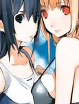  asobi_ni_iku_yo! black_eyes black_hair breast_press breasts eris_(asobi_ni_iku_yo!) flat_chest futaba_aoi_(asobi_ni_iku_yo!) houden_eizou medium_breasts multiple_girls orange_hair red_eyes sideboob small_breasts smile swimsuit symmetrical_docking 