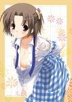  apron arms_behind_back bent_over blush breasts brown_eyes brown_hair cleavage copyright_request koubeya_uniform medium_breasts nakajima_yuka open_clothes open_shirt plaid plaid_apron shirt short_hair solo waitress wet wet_clothes wet_shirt 