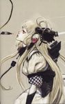  absurdres blonde_hair cable checkered chii chobits closed_mouth expressionless from_side hair_tubes highres long_hair machine profile robot_ears scan sepia simple_background solo terada_katsuya 