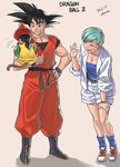  2boys anger_vein azusa_(hws) belt black_hair boots breasts bulma cleavage copyright_name dated dragon_ball dragon_ball_(object) dragon_ball_z hat jacket long_sleeves multiple_boys shoes short_hair shorts sleeves_rolled_up small_breasts socks son_gohan son_gokuu spiked_hair strapless sweatdrop tail tears tubetop waving 