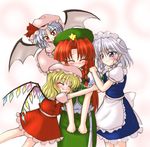  &gt;:) ^_^ apron bangs bat_wings beret blonde_hair blue_eyes blue_hair blush bococho braid china_dress chinese_clothes closed_eyes dress flandre_scarlet frilled_skirt frills group_hug hair_between_eyes happy happy_tears hat hong_meiling hug izayoi_sakuya long_hair maid maid_headdress multiple_girls puffy_short_sleeves puffy_sleeves red_eyes red_hair remilia_scarlet short_hair short_sleeves siblings silver_hair sisters skirt skirt_set smile star tears touhou twin_braids v-shaped_eyebrows waist_apron wings 