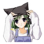  :3 animal_ears animal_hat asymmetrical_hair bangs bare_shoulders black_hat black_ribbon blue_eyes breasts cat_hat closed_mouth collarbone denim fake_animal_ears green_hair hair_ribbon hands_on_headwear hands_up hat light_smile long_sleeves looking_at_viewer lowres medium_breasts off_shoulder official_art overalls parted_bangs pillow_hat pinstripe_pattern ribbon shigure_asa shirt short_hair_with_long_locks shuffle! sidelocks simple_background sleeves_past_wrists smile solo striped suzuhira_hiro tress_ribbon upper_body white_background white_shirt 
