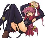  ;d armpits arms_up ass detached_sleeves garter_straps green_eyes gunxsword looking_at_viewer one_eye_closed open_mouth pink_hair ponytail priscilla_(gunxsword) scrunchie simple_background smile solo tail teeth thighhighs thighs white_background 