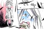  2girls blonde_hair bloomers blue_sky bow comic cross-laced_footwear dress feathers flying hair_bow heart hina_ichigo looking_at_viewer multiple_girls rozen_maiden short_hair sky spoken_ellipsis standing suigintou toshi_hiroshi underwear 